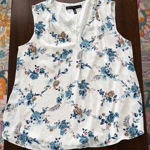White House Black Market White Floral V-Neck Camisole with Blue Rose Print